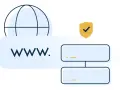 Icona di un globo con "www." e due riquadri collegati, suggerisce la necessità di cambiare DNS per una navigazione sicura e efficiente.