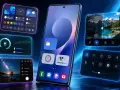 Smartphone Samsung con widget interattivi: meteo, foto, musica e impostazioni. La sensibilità al tocco Samsung rende l'esperienza fluida.