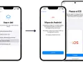Schermate che illustrano come passare i dati da Android a iPhone, selezionando "Migra i dati da Android" e usando l'app "Passa a iOS".