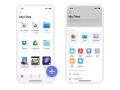 Schermate di un'app "My Files" con cartelle, documenti e video salvati. Un pulsante "+" blu indica la possibilità di aggiungere nuovi contenuti.