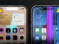Schermo iPhone con colori strani e linee verticali viola e blu. Un avviso giallo con un punto esclamativo indica un problema.