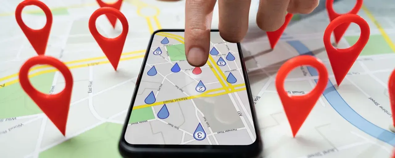 Dita la mappa con puntatori rossi, un dito tocca uno smartphone che mostra una mappa con gocce d'acqua, simulando gli spostamenti su Google Maps.