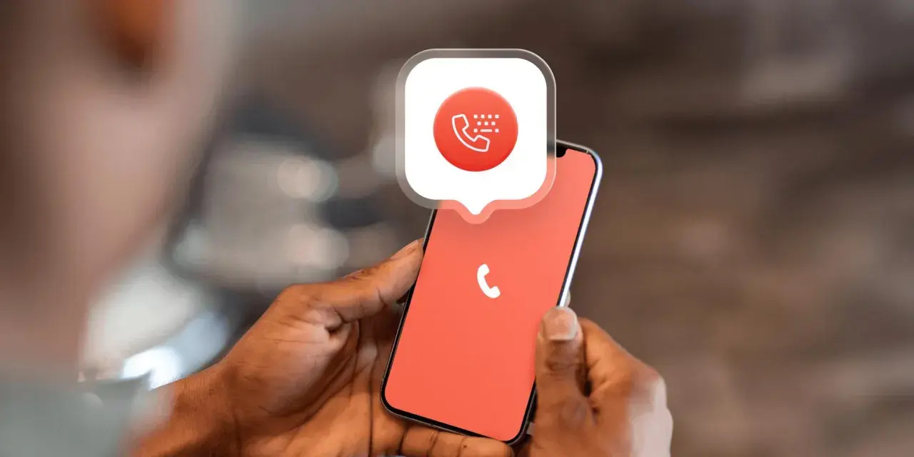 Mani che tengono uno smartphone con un'icona di chiamata e un fumetto che spiega come bloccare i numeri privati.