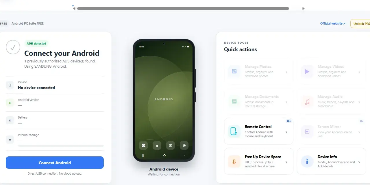 Interfaccia di Android PC Suite con ADB rilevato. In attesa di connessione dispositivo Android per gestione file e controllo remoto.