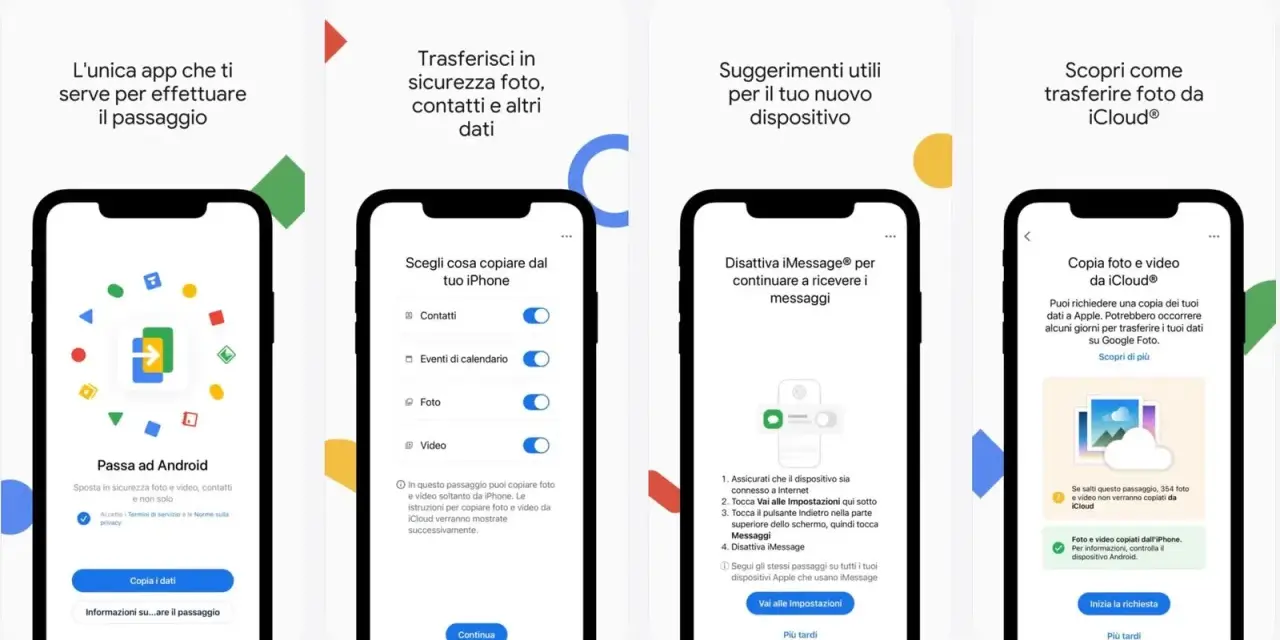 Schermate di un'app per il **cambio cellulare** e **trasferimento dati** da iPhone ad Android, con opzioni per copiare foto, contatti e video.