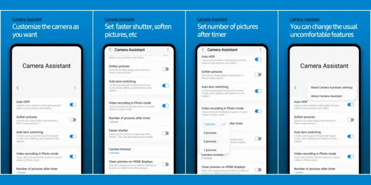 Schermate dell'app Camera Assistant Samsung per personalizzare le impostazioni della fotocamera, come Auto HDR e numero di foto dopo il timer.