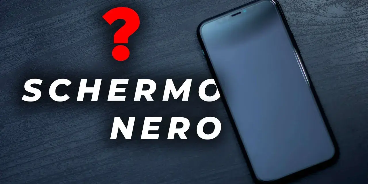 Un punto interrogativo rosso e la scritta "SCHERMO NERO" accanto a un iPhone con lo schermo spento.