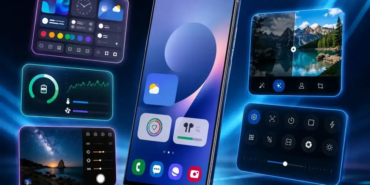 Smartphone Samsung con widget interattivi: meteo, foto, musica e impostazioni. La sensibilità al tocco Samsung rende l'esperienza fluida.