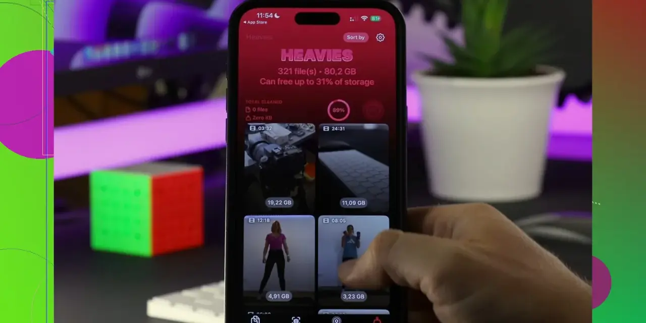 Un iPhone mostra l'app "Heavies" per liberare spazio, con file pesanti come video e foto.