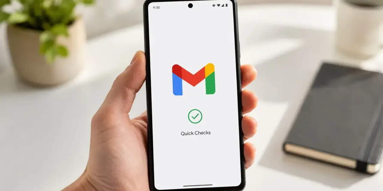 Smartphone con logo Gmail e "Quick Checks". Potrebbe indicare un problema di sincronizzazione Gmail o un controllo rapido.