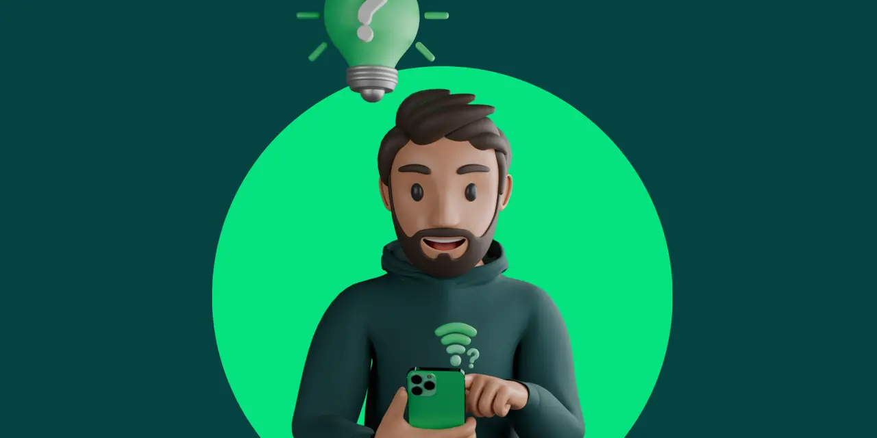 Uomo con smartphone e lampadina con punto interrogativo sopra la testa. La connessione dati non funziona, ma cerca una soluzione.