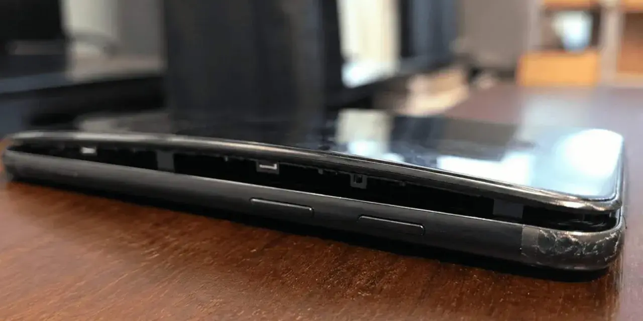 Il telefono è danneggiato, con lo schermo che si stacca dal corpo. Si vede la cornice interna e i pulsanti laterali.