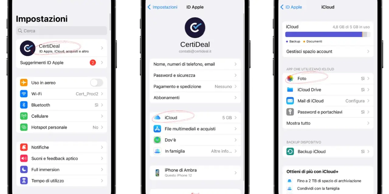 Schermate iPhone mostrano come liberare spazio iPhone gestendo iCloud, in particolare le foto.