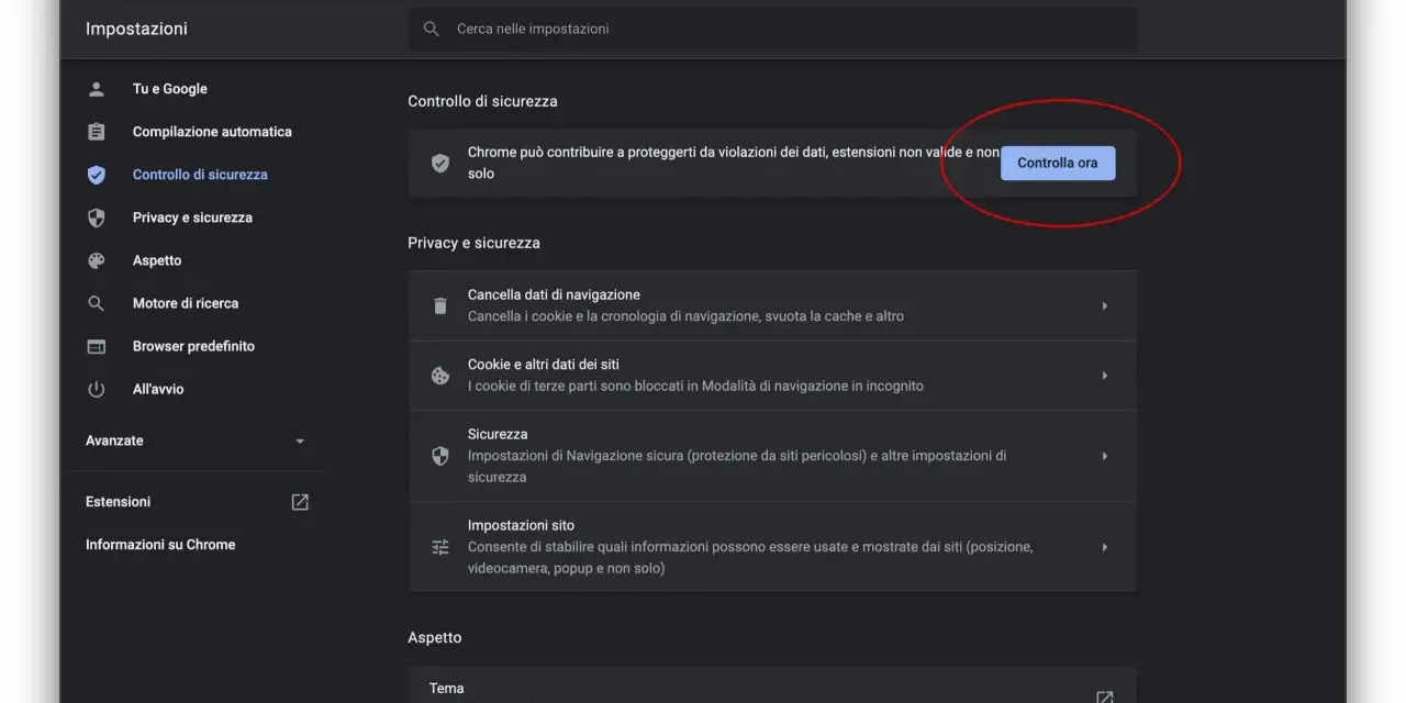 Impostazioni di sicurezza in Google Chrome. Il browser controlla violazioni dati ed estensioni non valide.