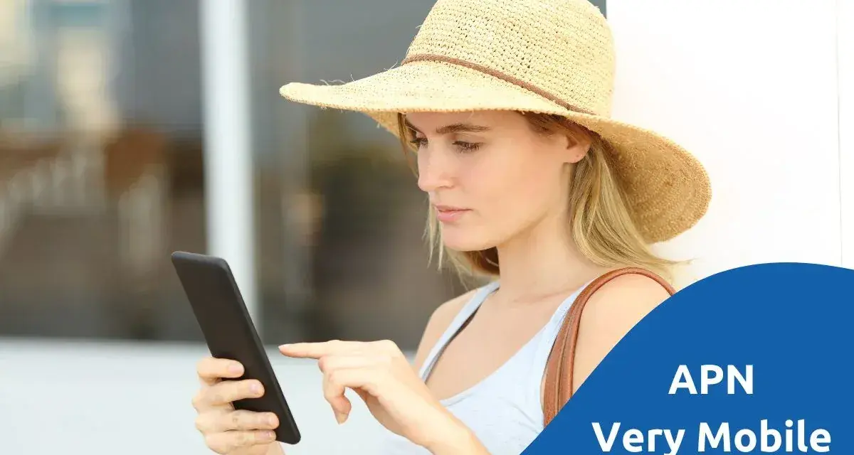 Ragazza con cappello di paglia usa il tablet, con testo "APN Very Mobile".