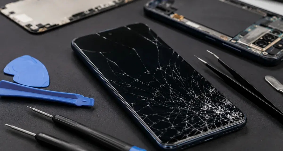 Smartphone Samsung con schermo rotto, pronto per la riparazione. Il touch screen non funziona più. Attrezzi per smontaggio inclusi.