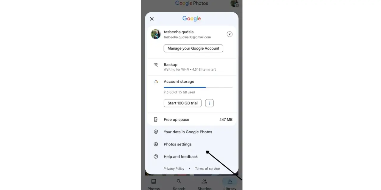 Menu di Google Foto con opzioni per backup, spazio account e impostazioni. Qui trovi anche le mie foto archiviate.