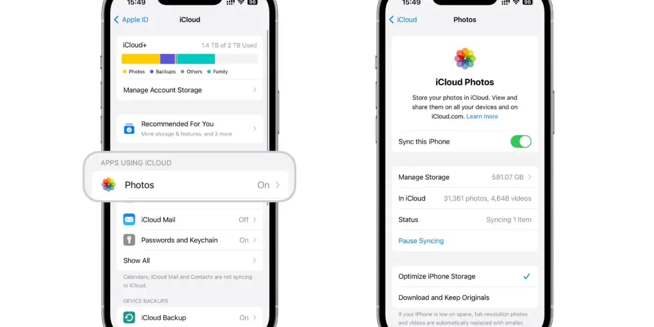 Impostazioni iCloud: gestione spazio, backup telefono e sincronizzazione foto.