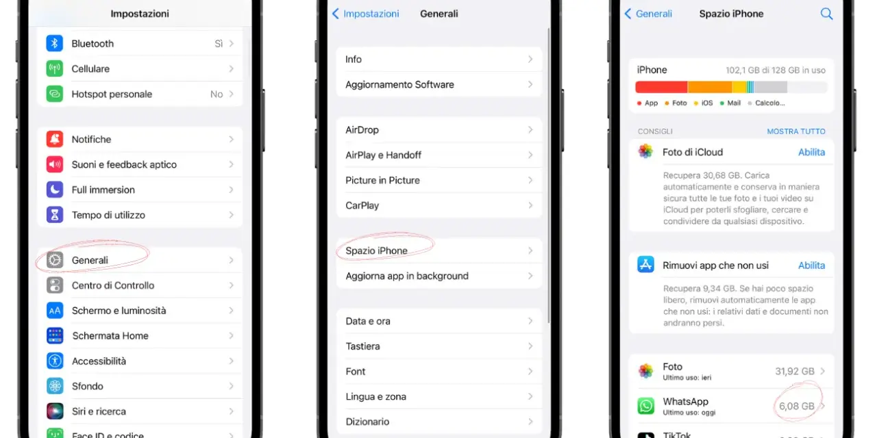 Guida per liberare spazio su iCloud: Impostazioni > Generali > Spazio iPhone. Qui trovi consigli per ottimizzare lo spazio.