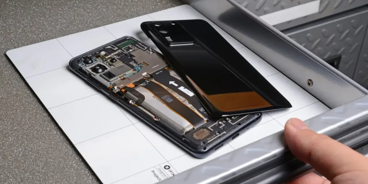 Cellulare aperto, si vede la batteria gonfia, pronta per la sostituzione.