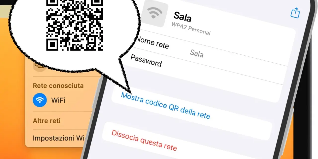 Codice QR per visualizzare password WiFi su Android. Mostra come condividere la rete "Sala" tramite QR code.