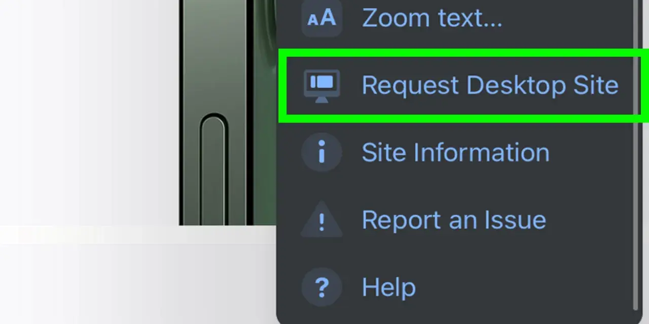 Menu del browser con opzione "Richiedi sito desktop" evidenziata, per visualizzare un sito desktop.