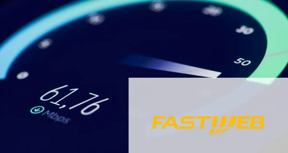 Misurazione velocità internet: 61,76 Mbps. Il logo Fastweb in basso a destra.