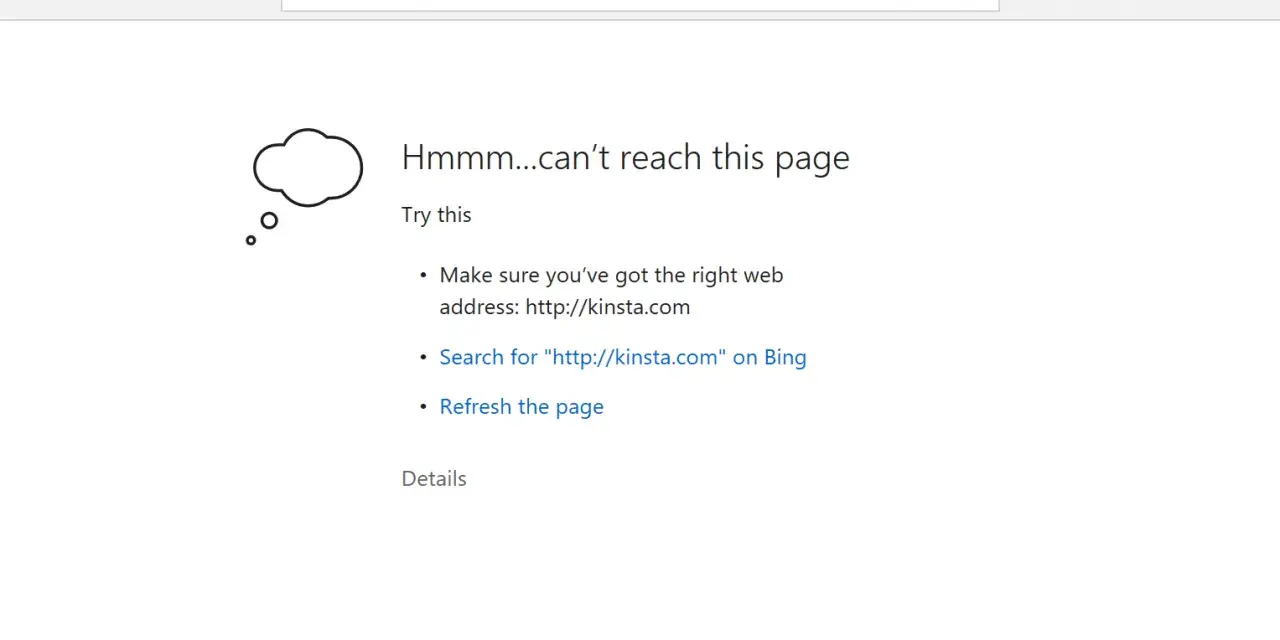 Errore DNS probe finished no internet. La pagina kinsta.com non si carica, suggerisce di controllare l'indirizzo o aggiornare.