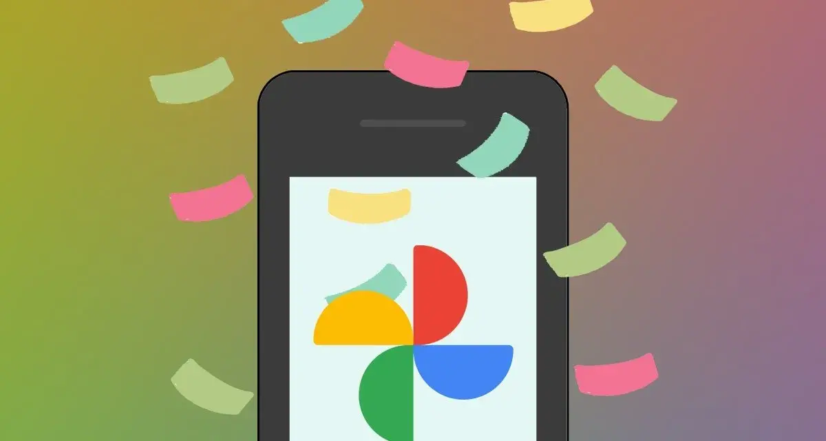 Smartphone con logo Google Foto e coriandoli colorati. Facile scaricare foto da Google Foto.