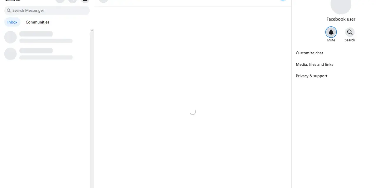 Interfaccia di Facebook Messenger con un caricamento in corso, suggerendo un messenger bloccato o in attesa di caricamento.