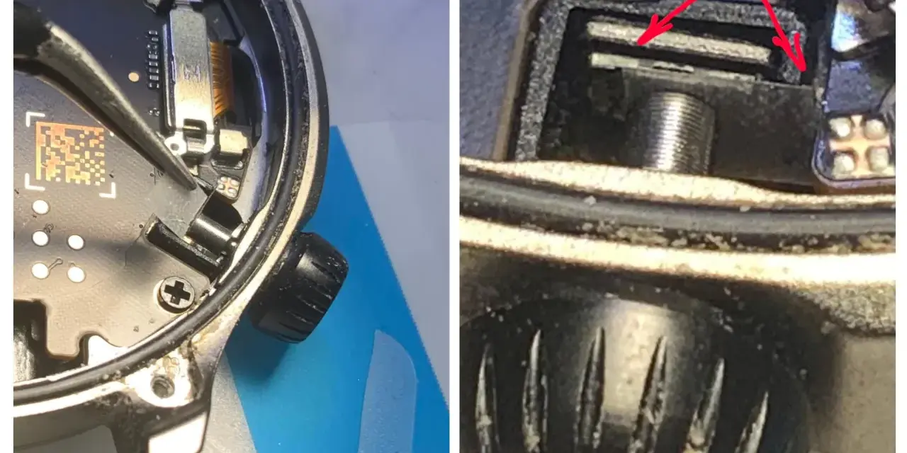 Dettaglio interno di uno smartwatch, forse un Amazfit GTR 4, con pinzette che manipolano un cavo flessibile. Si notano possibili problemi di assemblaggio o usura.