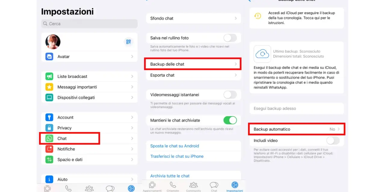 Impostazioni WhatsApp: per recuperare foto cancellate, vai su Chat > Backup delle chat. Esegui un backup automatico per sicurezza.