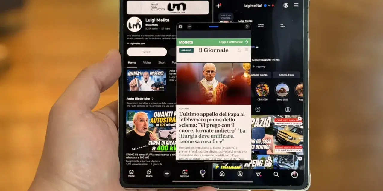 Menu test Huawei: il Giornale apre su un articolo del Papa, mentre sotto scorrono video su auto elettriche e recensioni.