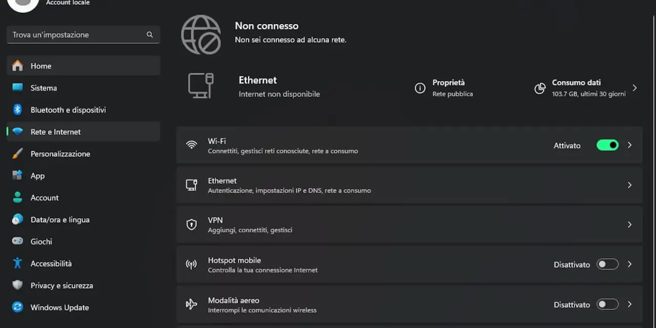 Impostazioni di Rete e Internet: "Non è possibile connettersi a questa rete". Wi-Fi attivo, Ethernet non disponibile.