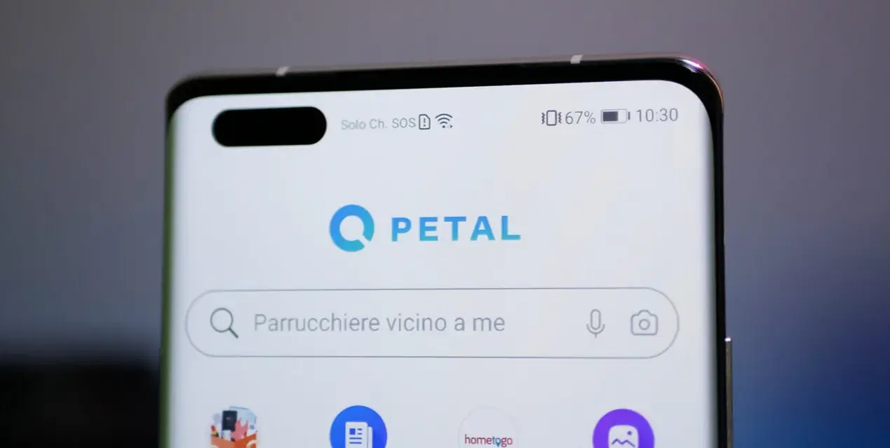 Schermata di uno smartphone con l'app Petal. La barra di ricerca mostra "Parrucchiere vicino a me", suggerendo una ricerca Petal per servizi locali.