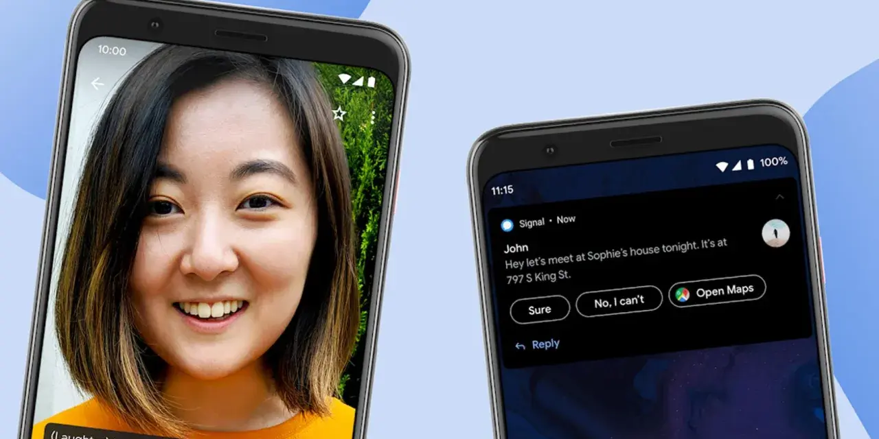 Due smartphone mostrano l'intelligenza di Android: uno con una persona che ride, l'altro con un messaggio e opzioni di risposta rapida.