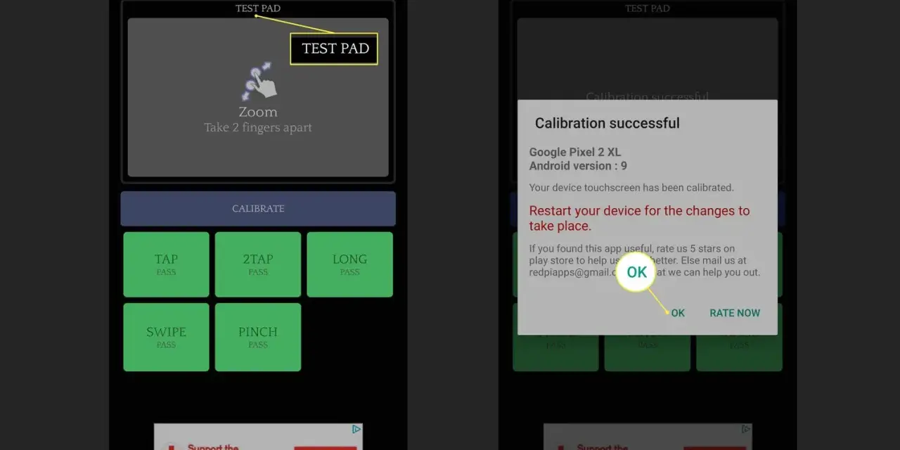 Schermata di calibrazione touch Android. Dopo la calibrazione, appare un messaggio di successo.