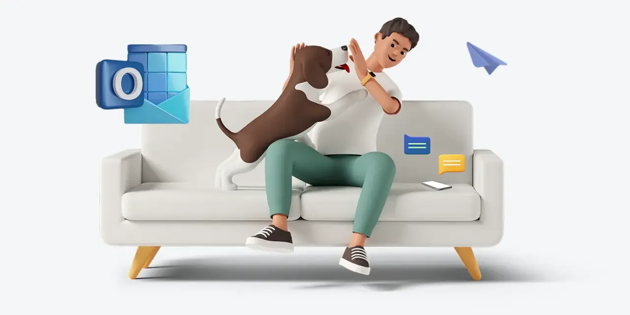 Un uomo gioca con il suo cane sul divano, mentre icone di Outlook e messaggi fluttuano intorno. La risposta automatica di Outlook è pronta per quando sei impegnato.