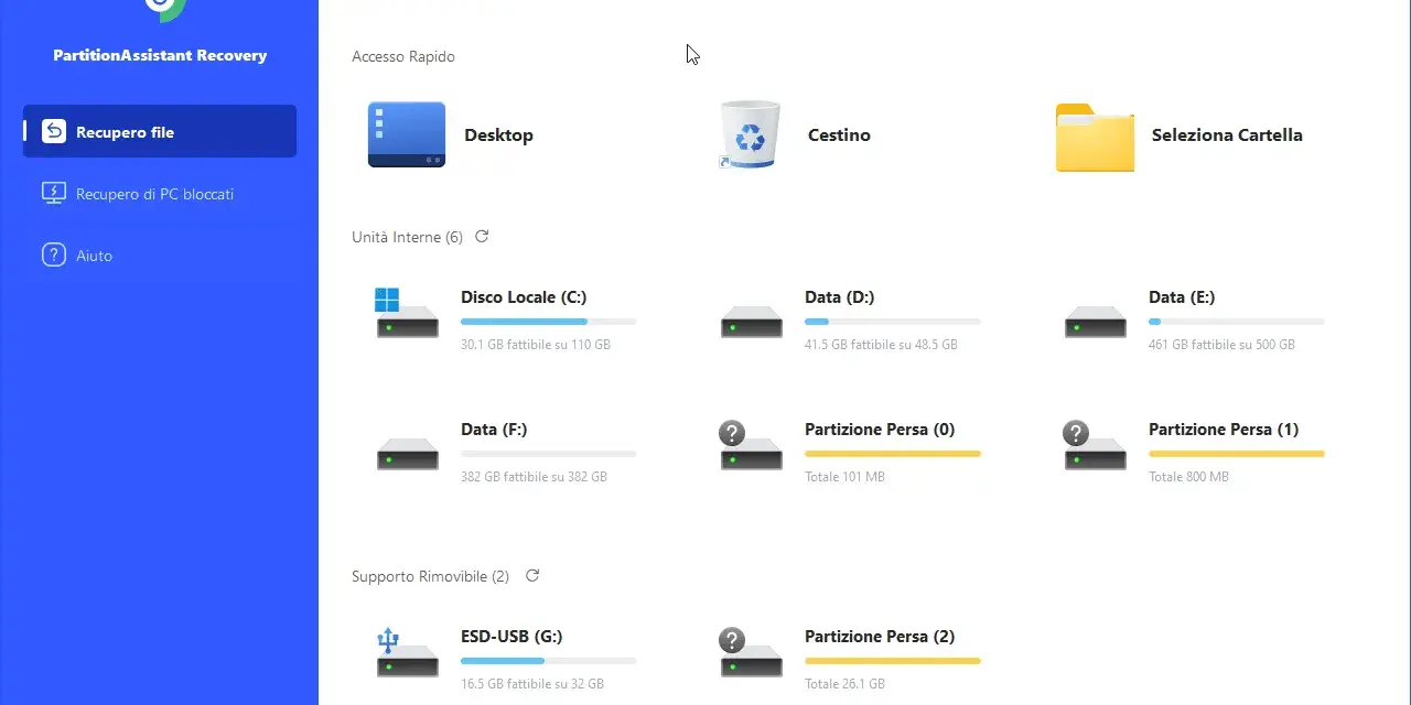 Interfaccia di recupero dati: seleziona Desktop, Cestino o una cartella per cercare file persi. Sono elencate unità interne ed esterne.