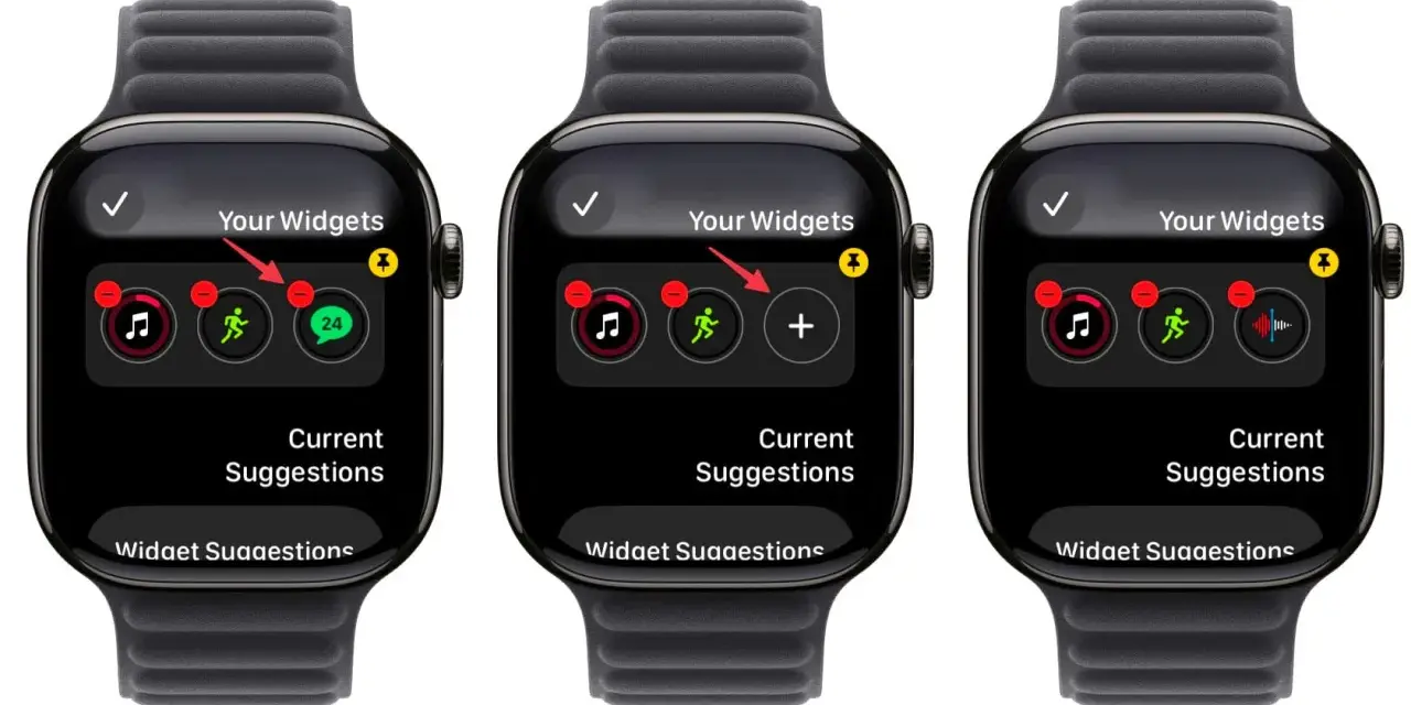 Schermata di un widget orologio su Apple Watch, mostra le opzioni per aggiungere o rimuovere icone di app.