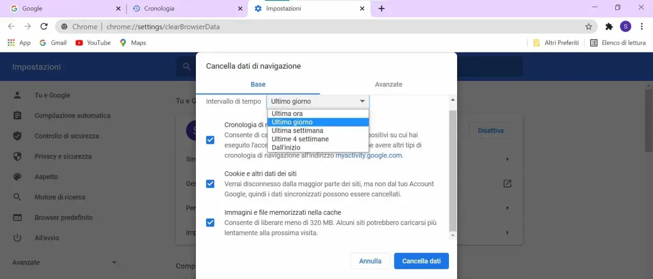 Impostazioni di Chrome per cancellare la cronologia di navigazione. Seleziona "Ultimo giorno" per eliminare i dati di navigazione.