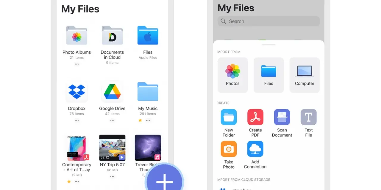 Schermate di un'app "My Files" con cartelle, documenti e video salvati. Un pulsante "+" blu indica la possibilità di aggiungere nuovi contenuti.