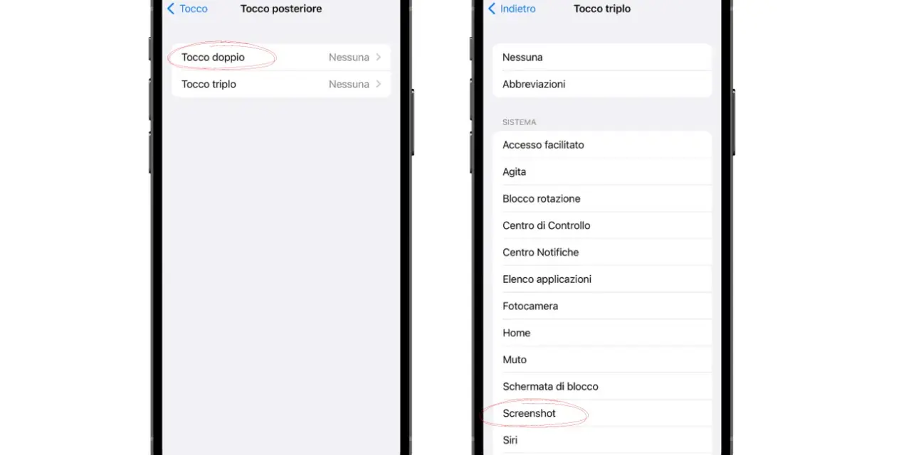 Impostazioni iPhone: tocco posteriore per "Tocco doppio" e "Screenshot" per catturare immagini dello schermo.