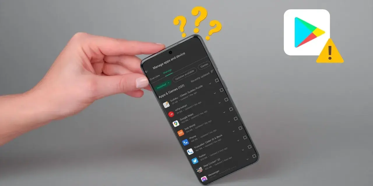 Schermo di uno smartphone con elenco app. Messaggio di errore: il tuo dispositivo non è compatibile con questa versione.