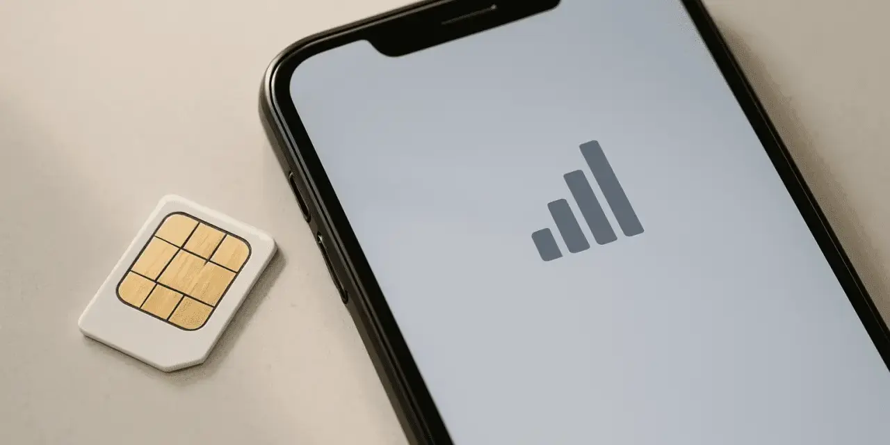 Scheda SIM accanto a uno smartphone con icona di segnale. Guida su come togliere la SIM dal telefono.