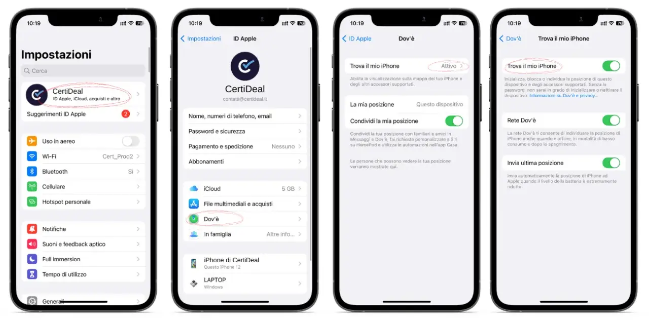 Impostazioni iPhone: "Dov'è" attivo per localizzare il dispositivo, una funzione chiave dell'apple intelligence per la sicurezza.