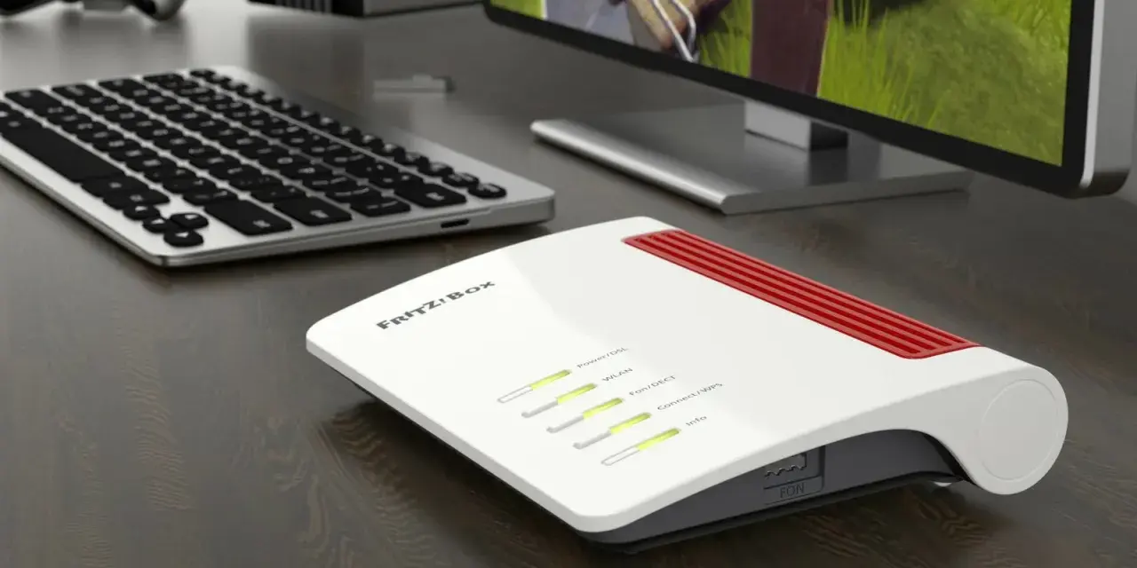 Router Fritz!Box bianco e rosso, con tastiera e monitor. Per sapere come vedere la password del wifi, controlla le impostazioni del router.