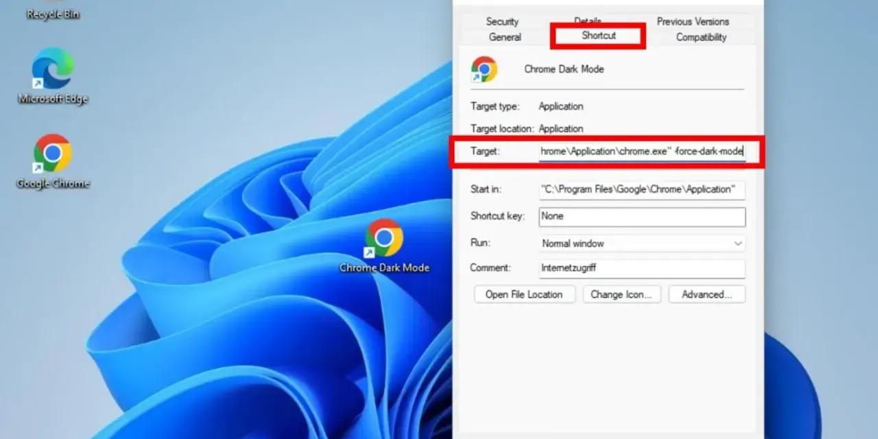 Immagine desktop Windows con icona "Chrome Dark Mode" e finestra proprietà. Il campo "Target" mostra il comando per attivare lo sfondo nero di Google Chrome.