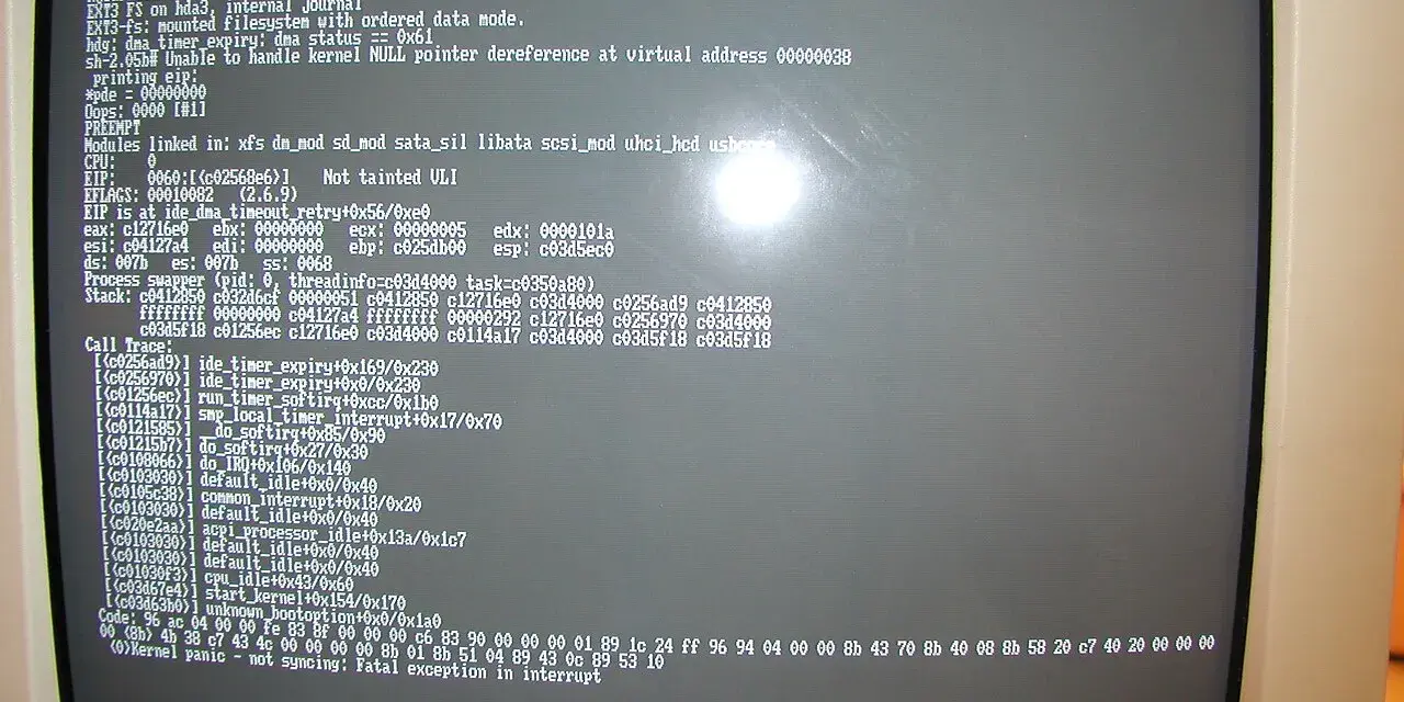 Schermata di un computer con un messaggio di "Kernel panic" e un errore di puntatore nullo, che indica un grave problema nel sistema operativo.