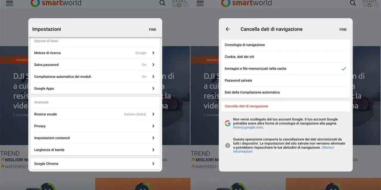 Impostazioni di Chrome: per cancellare la cache, seleziona "Immagini e file memorizzati nella cache" e poi "Cancella dati di navigazione".